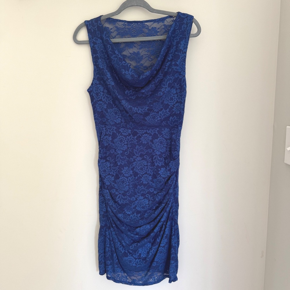 Cache Lace Cowl Neck Dress Sleeveless Cobolt Blue Stretc Ruched Y2K Bodycon SZ 4